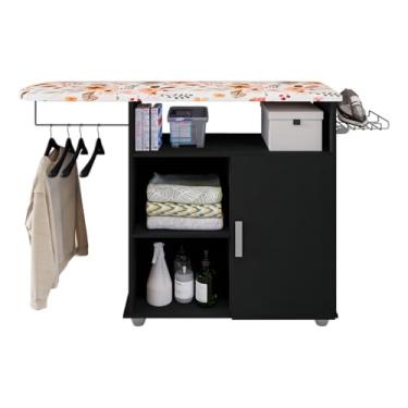Imagem de Tabua de Passar Roupa com Prateleiras 1 Porta com Divisórias Porta Cabide Porta Ferro, Tabua de Passar Roupa Reforçada, (PRETO)