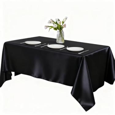 Imagem de 1 pacote com toalha de mesa de cetim retangular 127 x 250 cm – tecido macio resistente a rugas para casamento, banquete, decoração de festa – fácil de cuidar, lavável na máquina, preta
