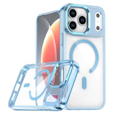 Imagem de POYUFRG Capa magnética para iPhone 17 Pro Max/17 Pro/17 Air/17, capa de telefone fina transparente antiamarelamento com capa de proteção de lente de armação de metal, azul, 17 Air