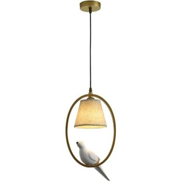 Imagem de Luminárias pendentes rústicas de fazenda, preto, dourado, 3 luzes, iluminação pendente com abajur de tecido, decoração de pássaros, lustre vintage de meados do século para mesa de jantar, il