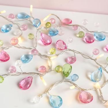 Imagem de Pacote com 2 cordões de luz pastel de Natal de 1,6 m, joia acrílica, operada por bateria, guirlanda pastel, diamante colorido, LED, branco quente, cintilante, decoração de festa para quarto de árvore