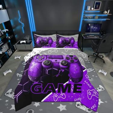 Imagem de Jogo de cama reversível com console de videogame roxo para meninos, conjunto de cama reversível, geométrico, colmeia de mel, edredom acolchoado macio para meninas e adolescentes