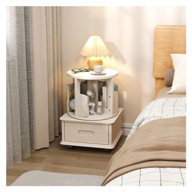 Imagem de Mesa lateral redonda giratória de 360°, mesa lateral de sofá com armário de armazenamento e roda universal, mesa de cabeceira rústica para sala de estar, quarto, escritório, espaços pequenos (cor: cor