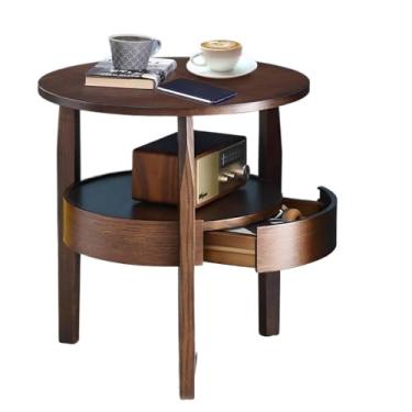 Imagem de Mesa auxiliar de mesa auxiliar retro rústica de 2 níveis com armazenamento, mesa de centro para sala de estar, mesa de centro redonda com gaveta oculta mesa auxiliar para sala de estar