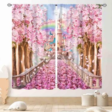 Imagem de Cortinas de princesa, castelo mágico, rosa, flor floral de cerejeira, fantasia, mundo, conto de fadas, sonhos, arco-íris, janela, tratamentos para crianças, meninas, quarto de bebê, sala de estar