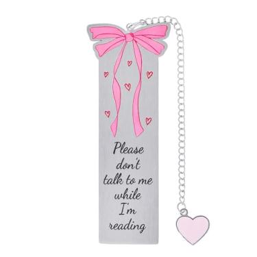 Imagem de Marcador de página de aço inoxidável com laço rosa - impresso com lindos padrões de laço e equipado com pingentes de coração, ideal para leitoras, presente de aniversário perfeito para namoradas
