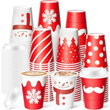 Imagem de Yungyan 60 conjuntos de copos de café descartáveis de Natal com tampas de 355 ml, boneco de neve, caneca de café para viagem com cacau quente para viagem, bebidas quentes e frias, chocolate, chá
