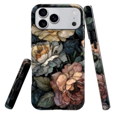 Imagem de heindiy Compatível com iPhone 17 Pro Max, capa brilhante, proteção total, à prova de choque, anti-arranhões, capa de TPU, capas para homem mulher vitral escuro vintage floral