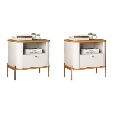 Imagem de Conjunto com 2 Mesas de Cabeceira Curva 1 Gaveta e 1 Nicho Pés e Puxadores em Metal 45cm Tucupí Off White/Marrom/Bronze
