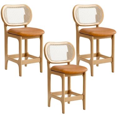 Imagem de Kit 3 Banquetas Baixa Bar Cozinha Sala de Jantar Betta L02 Mel Tela Couríssimo Whisky - Lyam Decor