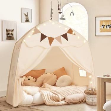Imagem de Barraca extragrande para cama infantil e barraca de brincar com bandeiras e luzes de estrelas, tenda portátil e dobrável, casa de brincar para ambientes internos e externos, 129 x 99 x 129 cm, creme