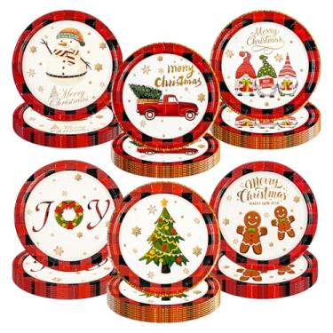 Imagem de EVYIENEN 48 peças de pratos de papel de Natal, papéis descartáveis de festa de sobremesa de 17 cm, pratos de jantar de Papai Noel de boneco de neve para suprimentos de festa de Natal e ano novo (6