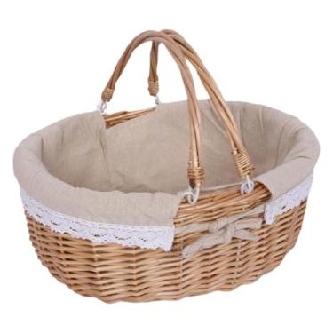 Imagem de Fenteer Cesta de com tampa, cesto de armazenamento de vime de madeira feito à mão para caminhadas ao ar livre, sanduíches de batatas fritas, Cáqui