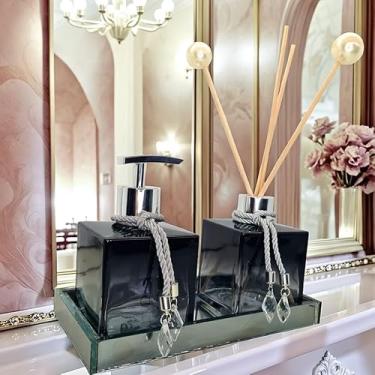 Imagem de Kit Lavabo Luxo Vidro Branco Saboneteira Difusor Aroma Decoração Bandeja Banheiro(Preto Degrade C/Prata,Com Bandeja)