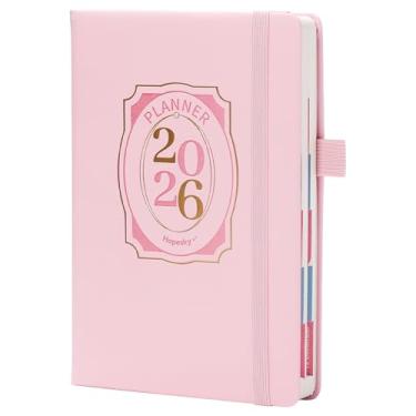 Imagem de Hopesky Agenda 2026 – 14,7 cm x 21 cm A5, agenda diária com papel grosso de 100 g/m², uma página por dia, capa dura, abas mensais, bolso interno, laço para caneta, fecho elástico (rosa)