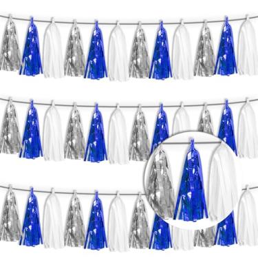 Imagem de Faixa 3P azul marinho branco prata borla guirlanda folha metálica franja bandeira borlas flâmula pano de fundo para desfile, decorações de formatura 2025, decorações de festa de aposentadoria