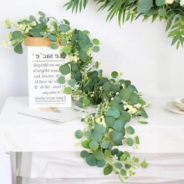 Imagem de Guirlanda de eucalipto falso de 1,8 m, vinhas artificiais penduradas com folhas de eucalipto, guirlanda de vegetação para decoração de parede de arco, decoração de parede, corredor de mesa interno e