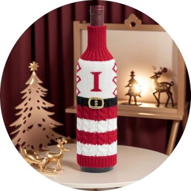 Imagem de Suéter de Natal para garrafa de vinho com letra A – Z, garrafas de manga de malha, decoração de mesa, reutilizável, roupa de garrafa estilo Papai Noel