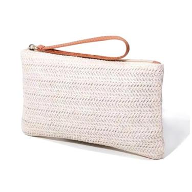 Imagem de Bolsa clutch feminina de palha - Bolsa de mão boêmia verão praia com zíper, Arroz branco, Compact