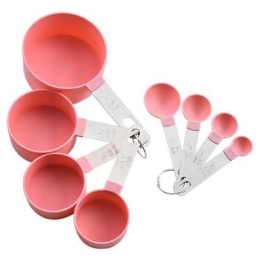 Imagem de 8 peças de copos de medição e colheres de medição, cabo de aço inoxidável, colheres medidas, fáceis de ler, rosa
