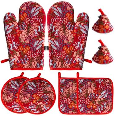 Imagem de Hausfrau Conjuntos de luvas de forno jacquard bordadas e suportes de panela com capa de cabo de ferro fundido, 8 peças, luvas de cozinha florais vintage resistentes ao calor, luvas de forno para assar