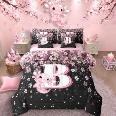 Imagem de Erosebridal Jogo de cama casal com letra B, 7 peças | Jogo de edredom fofo com axolote com lençol para crianças, meninas, adolescentes, rosa e branco, cama kawaii, axolote