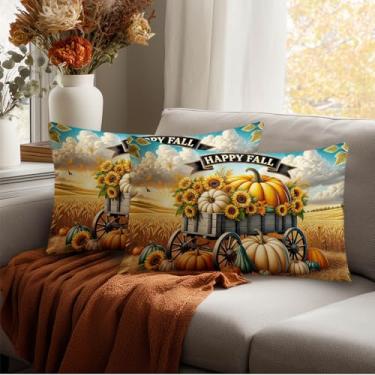 Imagem de HOMETITUTE Conjunto de 2 capas de almofada decorativas de outono 30,5 x 50,8 cm, design de colheita de vagão de abóbora e girassol, fronhas de feriado de Ação de Graças para sofá-cama, sala de estar