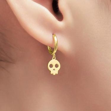 Imagem de Brincos femininos com pingente de caveira, banhado a ouro com cabeça de esqueleto, punk gótico, joias de Halloween, one size, Latão, Sem pedra preciosa
