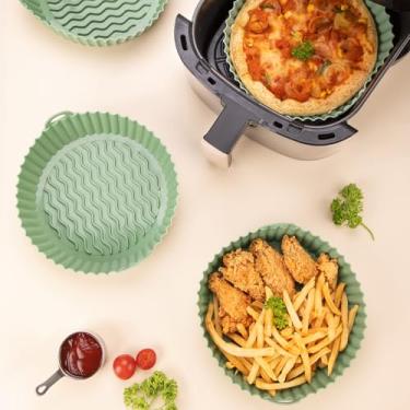 Imagem de Forro de silicone redondo reutilizável com padrão ondulado – inserção antiaderente de 20 cm, drenagem de óleo aprimorada, seguro para forno e micro-ondas, serve para fritadeiras de 3 a 5 litros (verde