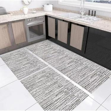 Imagem de Kit Tapete de Cozinha Antiderrapante 3 Peças – Passadeira + 2 Tapetes Jogo Decorativo Geométrico Lavável e Antialérgico (M 8 Risco Preto)