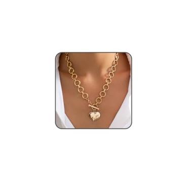 Imagem de AZORA Colar de ouro grosso feminino martelado na frente com pingente de corrente gargantilha em negrito joia moderna presente, Zinco, Sem Pedra Preciosa