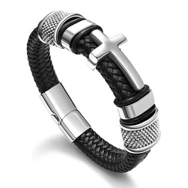 Imagem de Pulseira masculina de cruz preta, pulseira de couro trançado de aço inoxidável Filipenses 4:13 com versículo da Bíblia Jesus presente de fé inspiradora para pai, irmão, filho, presentes de confirmação