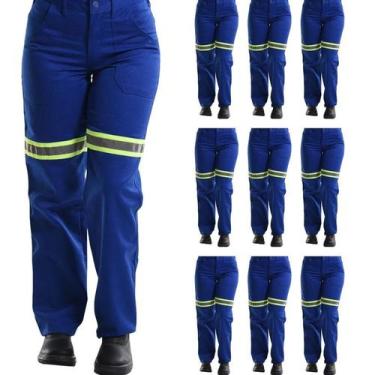 Imagem de Kit 10 Calças Profissional Uniforme Trabalho Brim Pesado Faixa Refleti