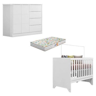 Imagem de Berço Americano Retro Maya E Cômoda Infantil Eloá Branco Acetinado Com Colchão Gazin – Phoenix Baby