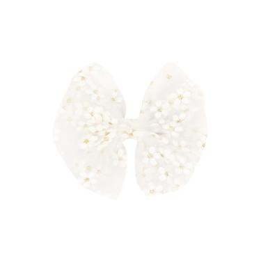 Imagem de Wee Ones Laço de cabelo feminino de tule com flor de primavera média no clipe WeeStay, feito à mão, branco