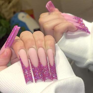 Imagem de Caixão médio com cola falsa roxa francesa com design de glitter, cobertura completa, bastão falso artificial em unhas de acrílico para mulheres, casamento, 24 peças