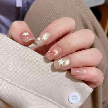 Imagem de Pressionar unhas curtas médias quadradas olho de gato com cola falsa com design de estrela, cobertura completa, bastão falso artificial em unhas de acrílico para mulheres, casamento, 24 peças