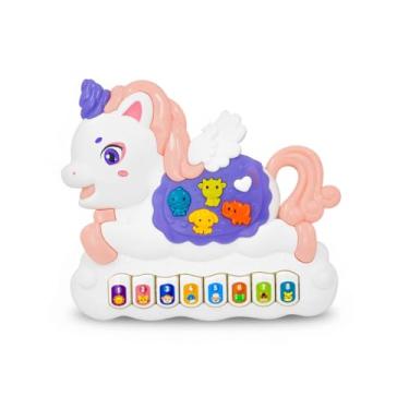 Imagem de Piano Musical Infantil Unicórnio, 8 Teclas com Sons de Animais, Plástico, Médio, Alimentado por Pilhas AAA, Rosa e Roxo, para Bebês a partir de 18 Meses