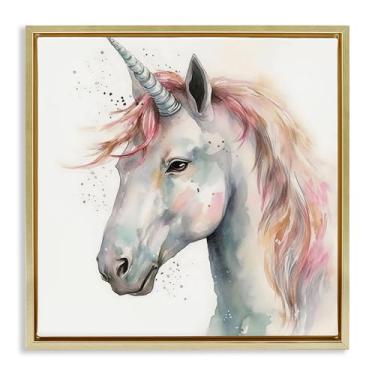 Imagem de Stupell Industries Arte de parede em tela flutuante emoldurada cinza unicórnio com juba rosa, design da Creative Studio, 45,7 x 45,7 cm