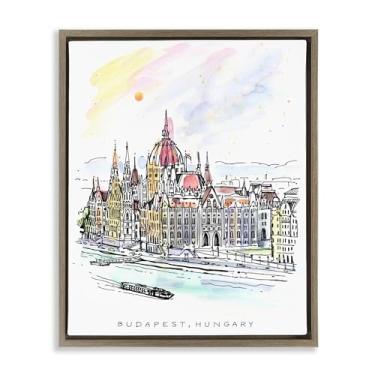 Imagem de Stupell Industries Arte de parede minimalista em tela flutuante com moldura dourada do horizonte de Budapeste, design de Angela Steahling, 78 x 63 cm
