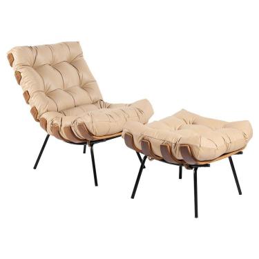 Imagem de Poltrona e Puff Decorativos Costela Couro Bege Gran Belo