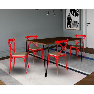 Imagem de Conjunto De Mesa Elen Retangular 150X90Cm Amêndoa Com 4 Cadeiras Katrina Vermelha A - Marrom