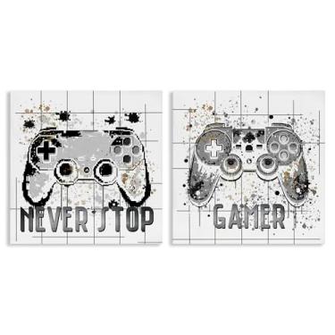 Imagem de Stupell Industries Conjunto de arte de parede em tela de 2 peças Gamer Words with Modern Pixels, design de Kim Allen, 61 x 61 cm