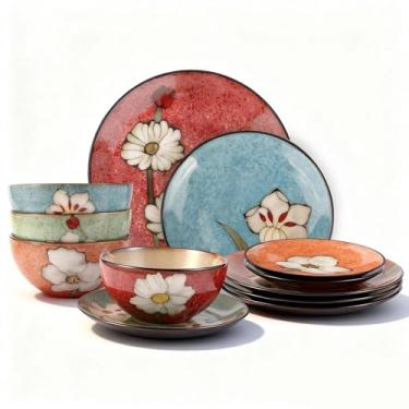 Imagem de Cteaffee Conjunto de louça moderno de grés, 16 peças, pratos de cozinha, tigelas e canecas, serve para 4, pode ir à lava-louças e ao micro-ondas, 4 cores (serviço para 4 (12 peças))