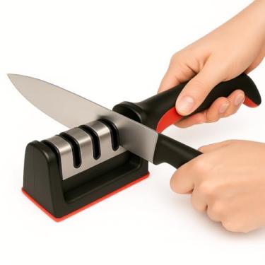 Imagem de Amolador e Afiador de Facas Profissional 3 em 1 – Aço Durável, Cabo Ergonômico, Base Antiderrapante e Corte Preciso - Qualidade Premium