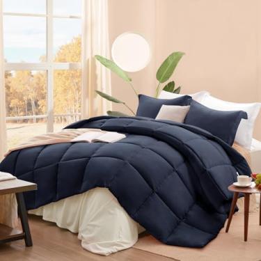 Imagem de Sunstyle Home Conjunto de edredom king size, azul marinho, conjunto de cama com 3 peças de edredom leve, tamanho king, liso, macio, respirável, alternativo, com 2 fronhas para todas as estações