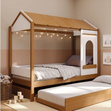 Imagem de Bicama Casinha com Janela Led e Grade de Proteção Aria Casatema Madeiraoriginals Nogueira/Branco