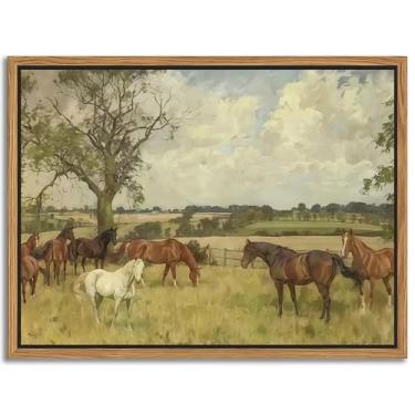 Imagem de Arte de parede em tela emoldurada flutuante, decoração de parede com paisagem de animais da natureza vintage medieval, majestoso cavalo marrom no campo, para sala de estar, cozinha, banheiro, quarto