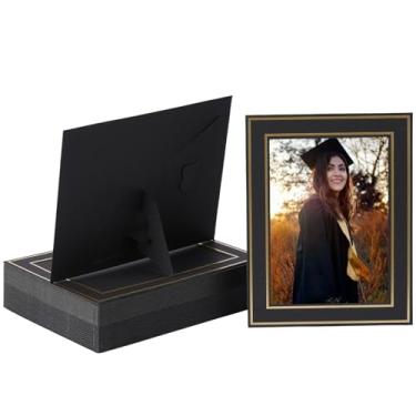 Imagem de Meonua Pacote com 25 porta-retratos de papel preto e dourado 13 x 18 cm – Molduras de papelão fáceis de montar a granel com suportes para casamento, aniversário, dia das bruxas, ação de graças, sala