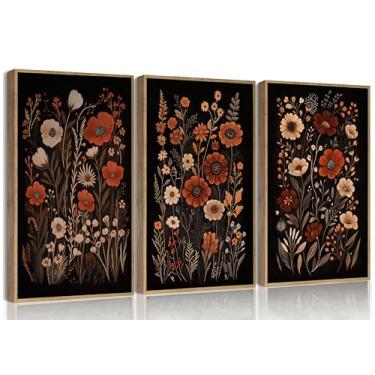 Imagem de 3 peças de arte de parede floral escura vintage flores temperamentais pôsteres botânicos pintura imagem decoração de parede arte impressa em tela para sala de estar quarto feminino decoração de casa